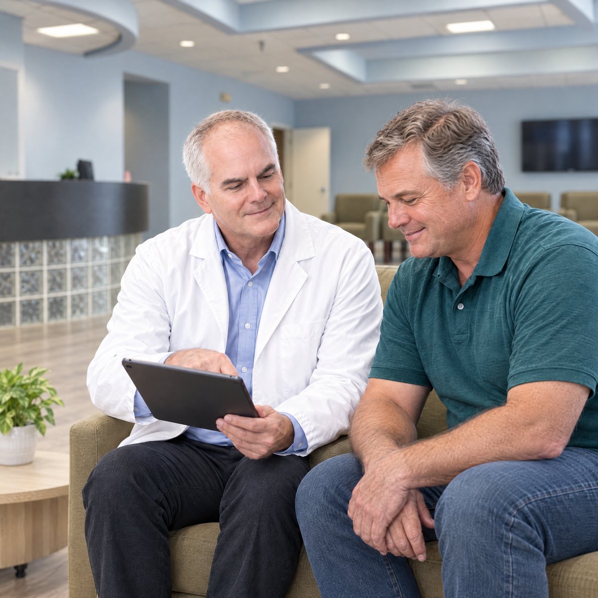 A Symbios physician reviewing a plan with a patient in the Symbios Health lobby