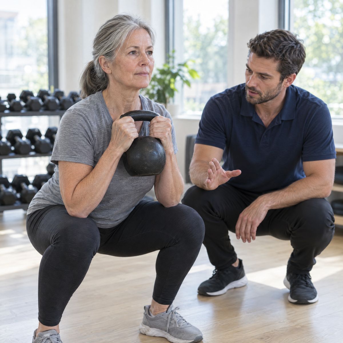 A trainer coaching a woman through a kettlebell squat