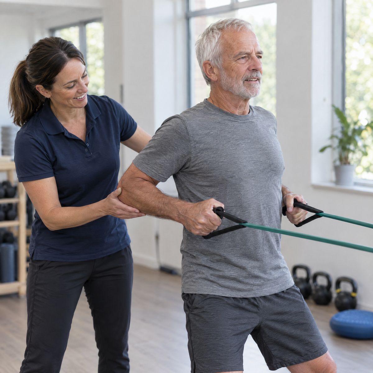 A trainer guiding a man through a resistance band row