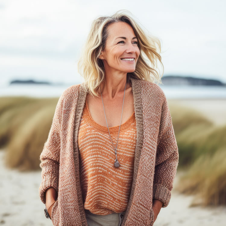 Smiling woman walking on the beach